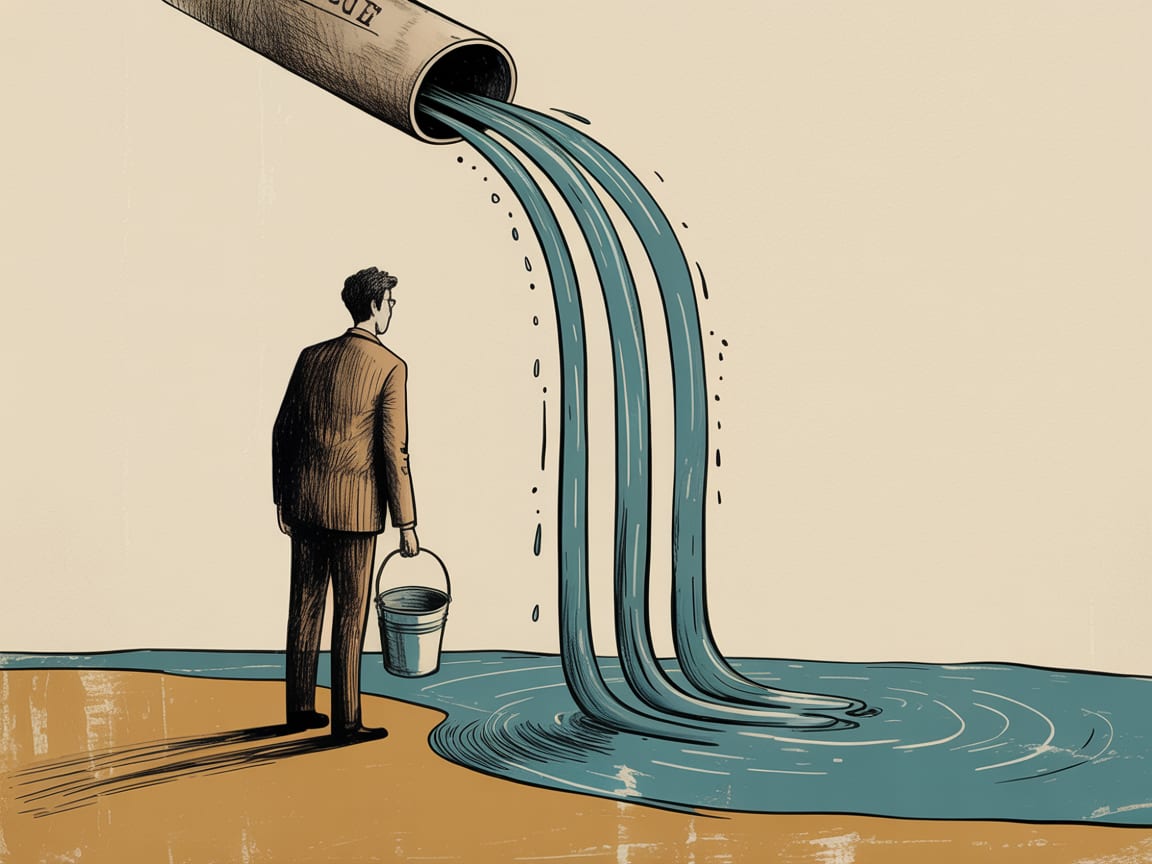 Editorial illustration of a figure standing at a traffic intersection where roads branch toward AI engines, email inboxes, and search results