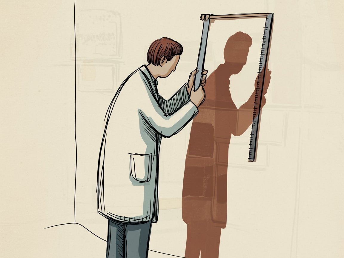 Editorial illustration of a figure navigating a complex data architecture towards a clear measurement outcome