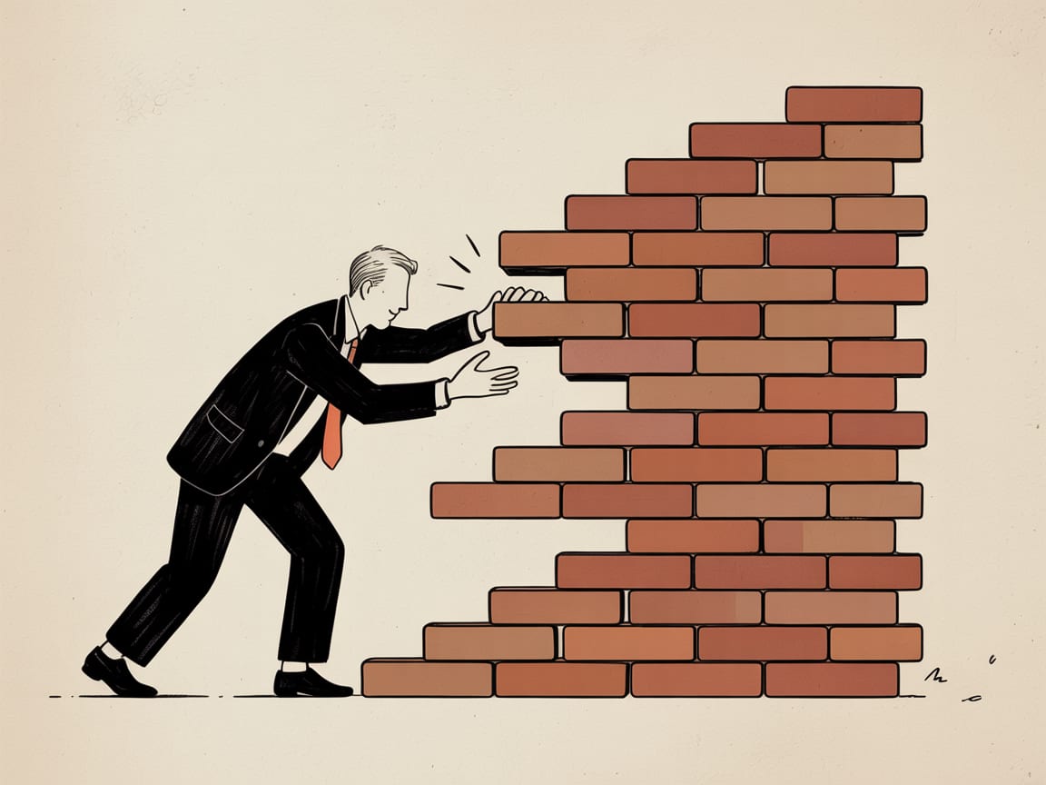 Editorial illustration of a developer navigating a tower of cascading style sheets and currency symbols