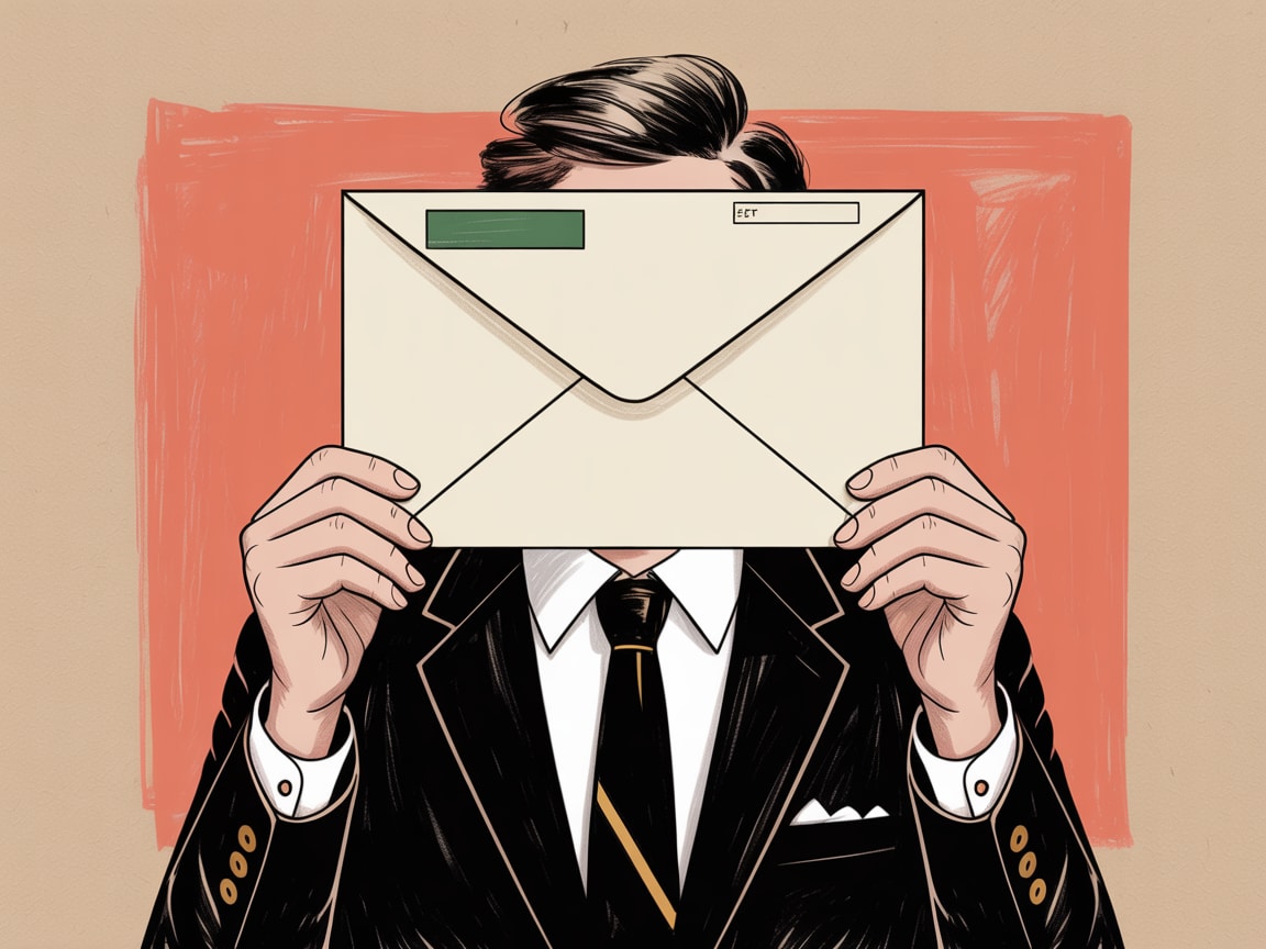 An editorial illustration of a figure sorting thousands of envelopes on a conveyor belt, each one addressed differently, with a robotic arm helping sort them at speed