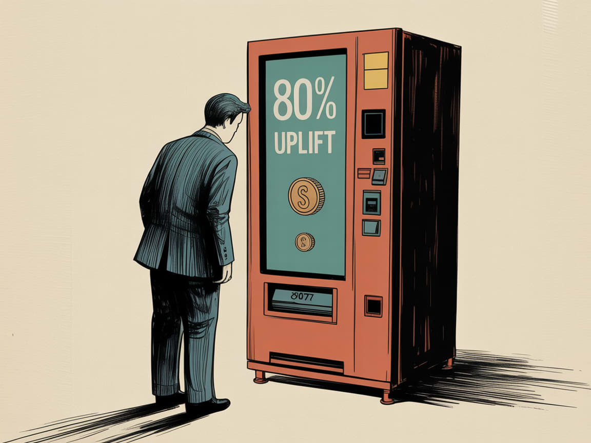 Editorial illustration of a figure navigating a fragmented programmatic advertising supply chain while an AI interface promises results overhead
