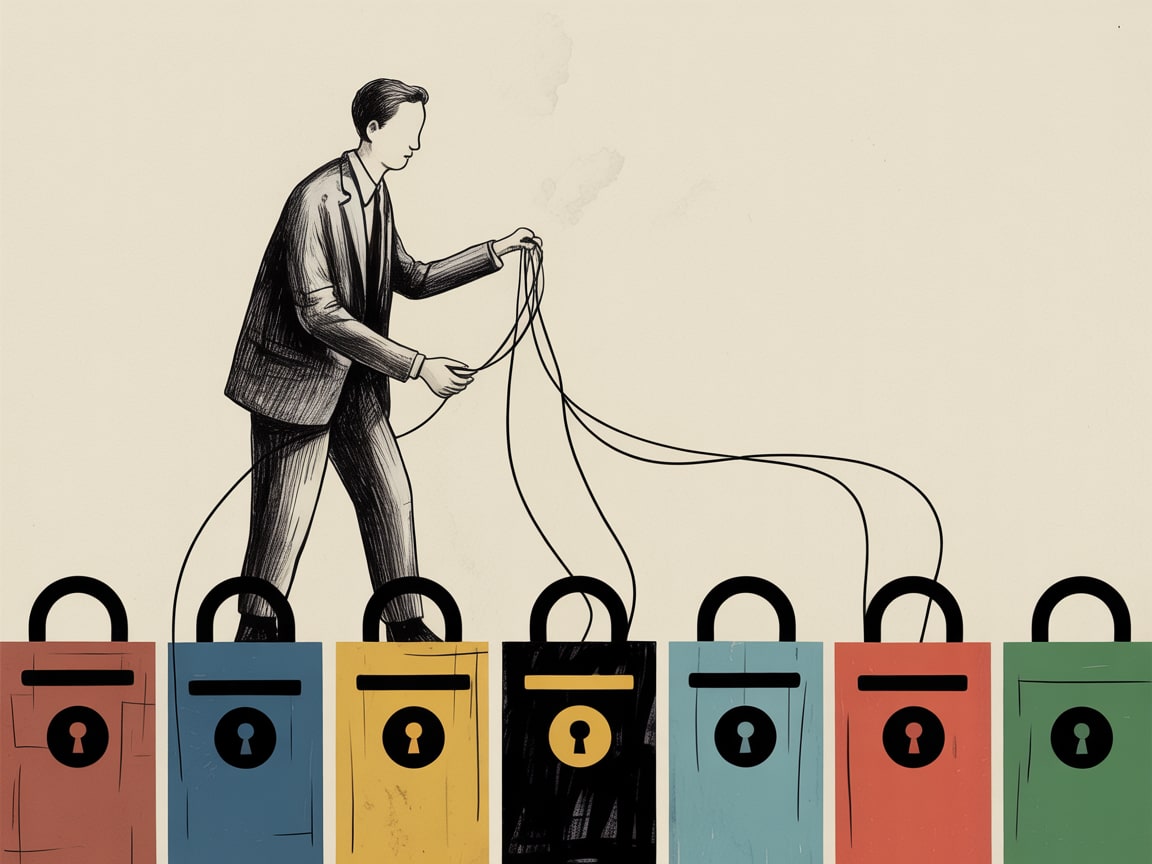 Editorial illustration of fragmented channel silos colliding with a single continuous customer journey