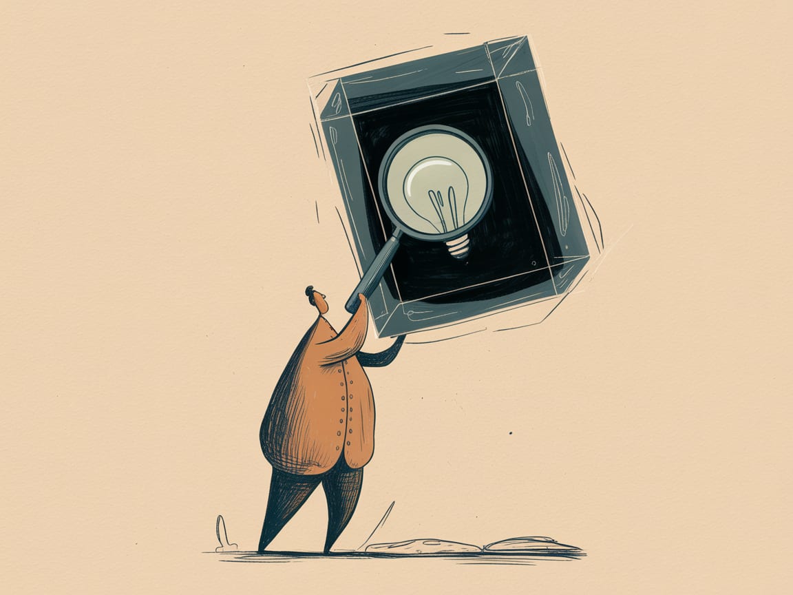 Editorial illustration of a figure carefully choosing between a tangle of wires and a single clean cable, representing design taste and AI transparency