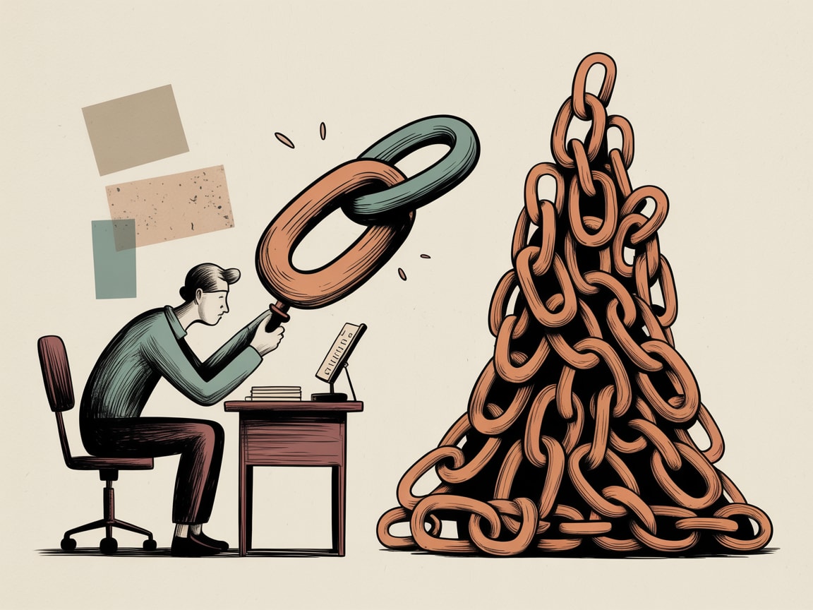Editorial illustration of a figure navigating a web of interconnected nodes and links representing AI search authority