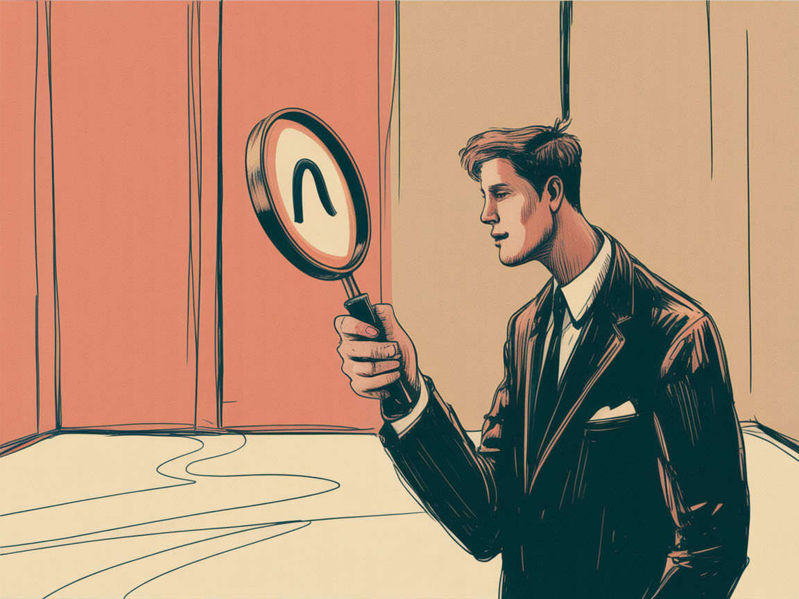 Editorial illustration of a figure navigating a web of brand nodes and AI decision pathways