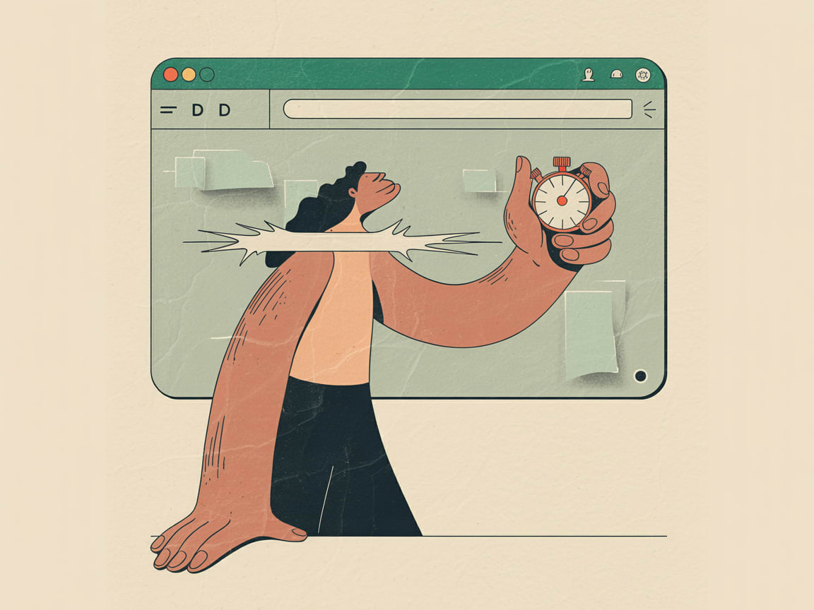 A developer navigating between glowing browser windows connected by smooth animated transitions, with a stopwatch in the background