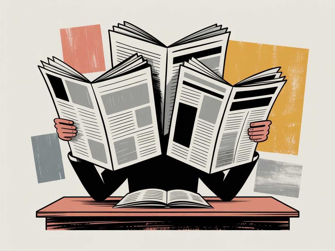 Editorial illustration of a strategist navigating multiple digital marketing signals simultaneously