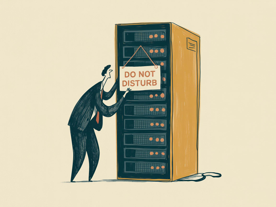Editorial illustration of a figure turning off a billboard while customers walk past calmly