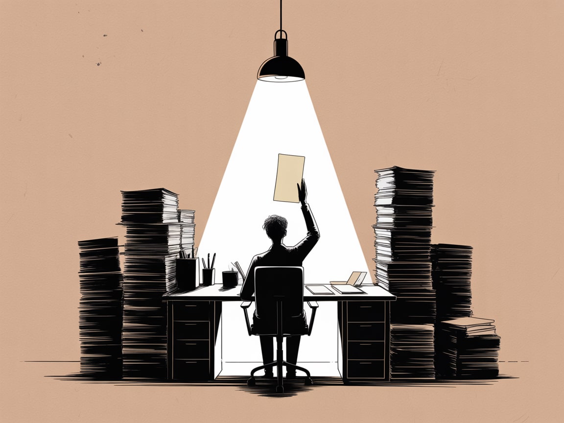 Editorial illustration of a figure fishing citations from a giant AI search interface while competitors look on