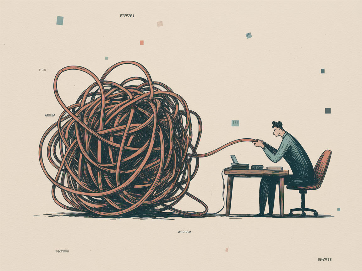 A tangle of JavaScript module cables connecting to a single analytics dashboard, with one loose wire causing visible data gaps