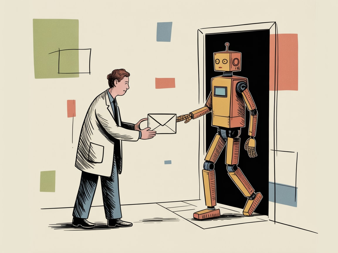 A small figure watching a sand timer while a robot arm reaches into a stream of data, acting before the last grain falls