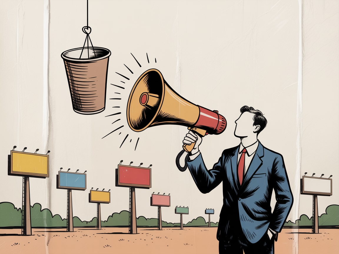 Editorial illustration of a brand strategist fishing with a line from a large platform into a sea of small glowing creator profiles