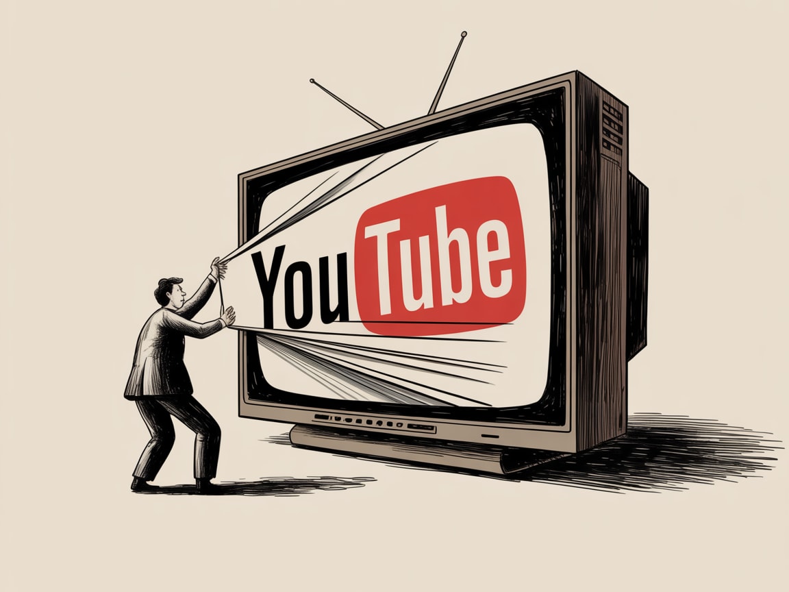 A creator holding a TV remote standing in front of a giant YouTube play button shaped like a television set