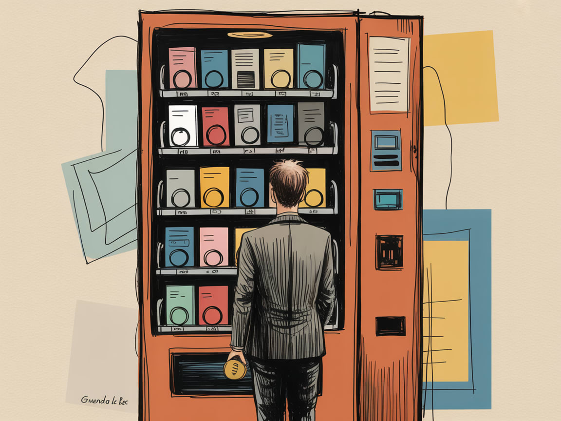 Editorial illustration of a marketer surrounded by floating software logos, trying to connect tangled wires between them