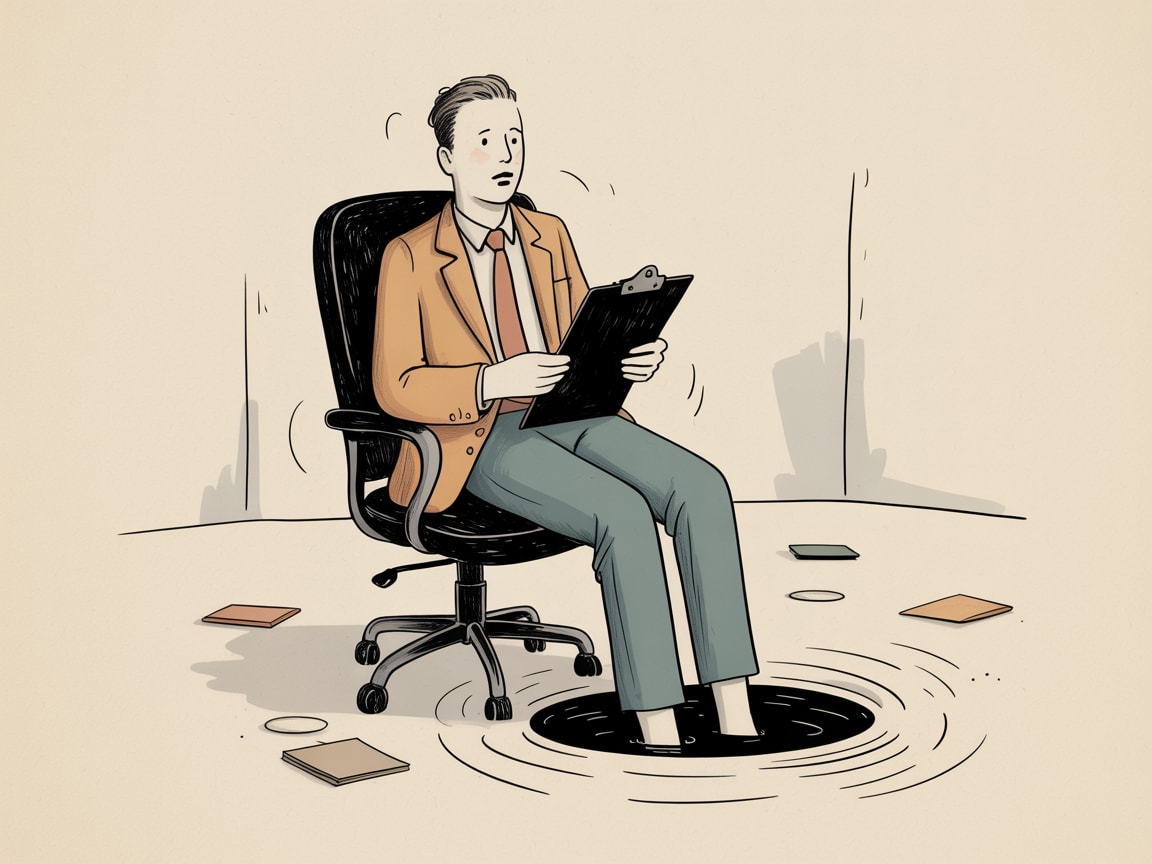 Editorial illustration of a designer and a robot sitting at opposite ends of a long table, a single human silhouette standing between them