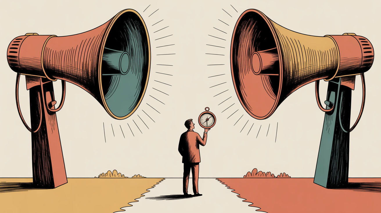 Editorial illustration of a figure navigating between giant AI and search engine structures