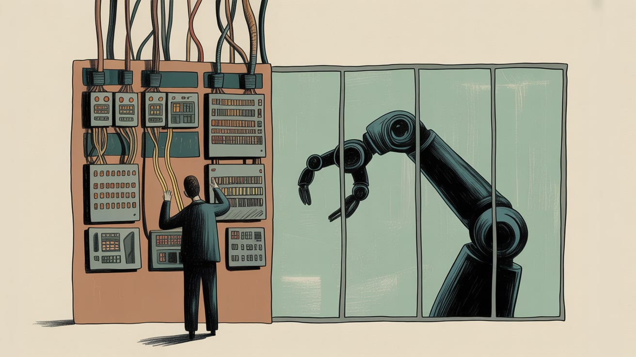 Editorial illustration of a figure threading data pipelines through a control panel while an AI agent watches from behind a glass wall
