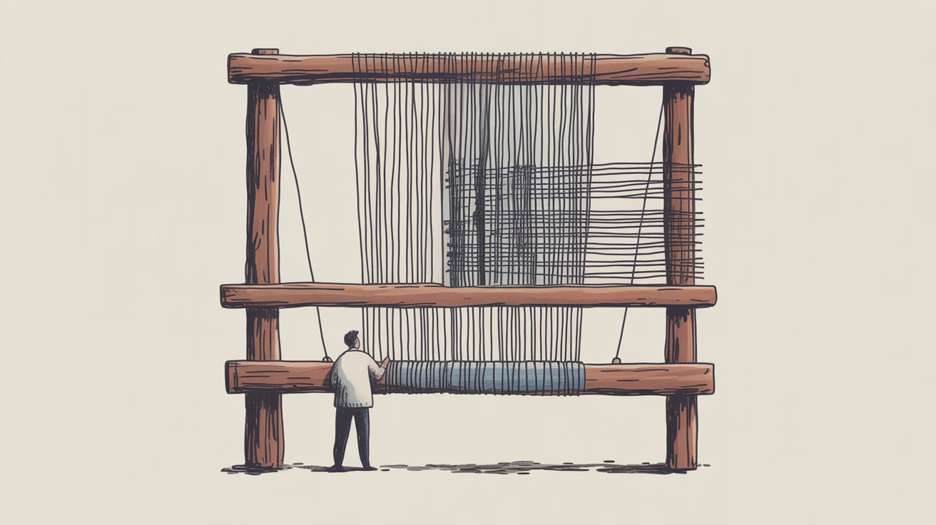 Editorial illustration of a developer pulling logic out of tangled CSS threads like a weaver