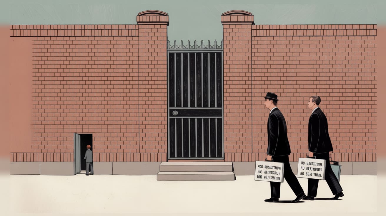 Editorial illustration of a walled garden with a hidden side door being used by suited figures
