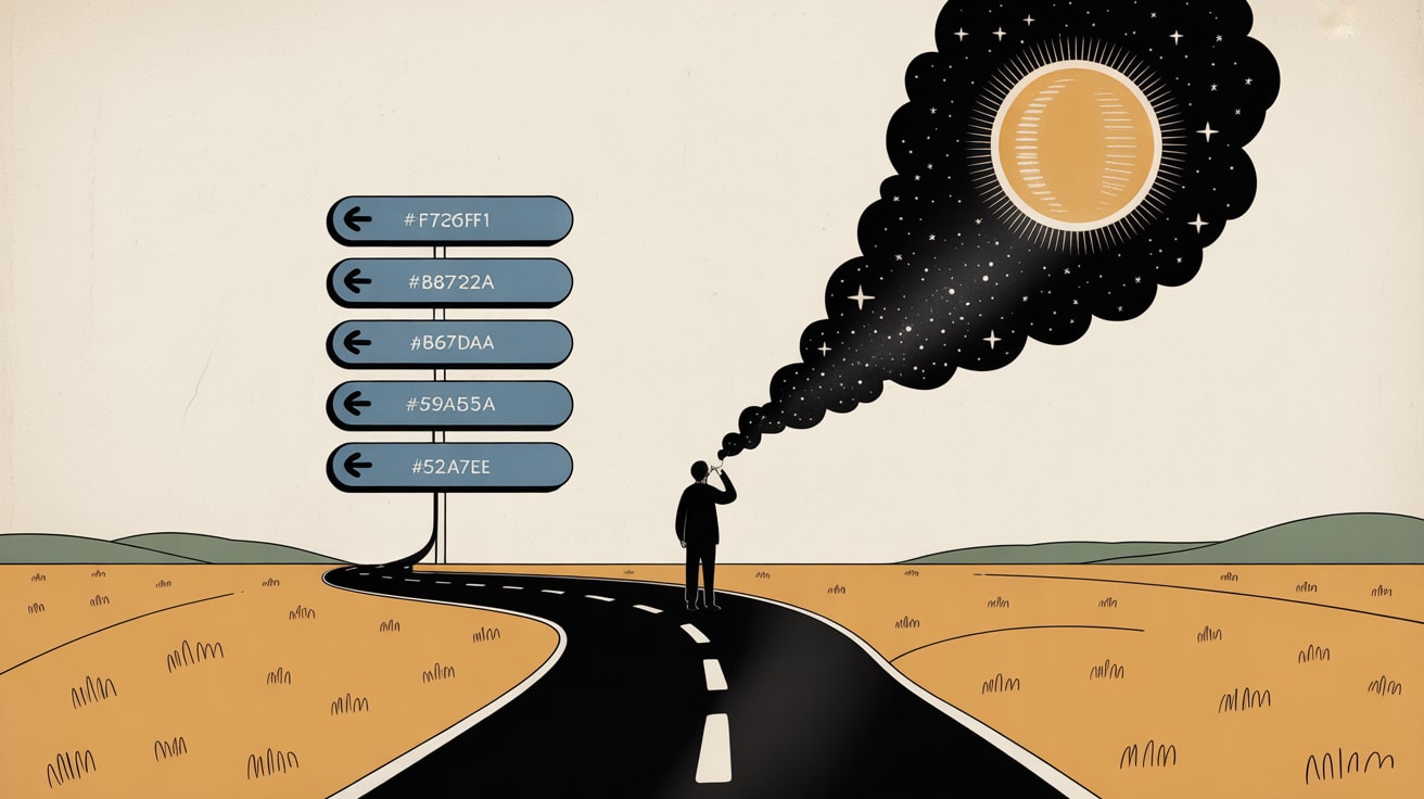Editorial illustration of a figure navigating between traditional search results and AI-generated answer panels in a cosmic search landscape