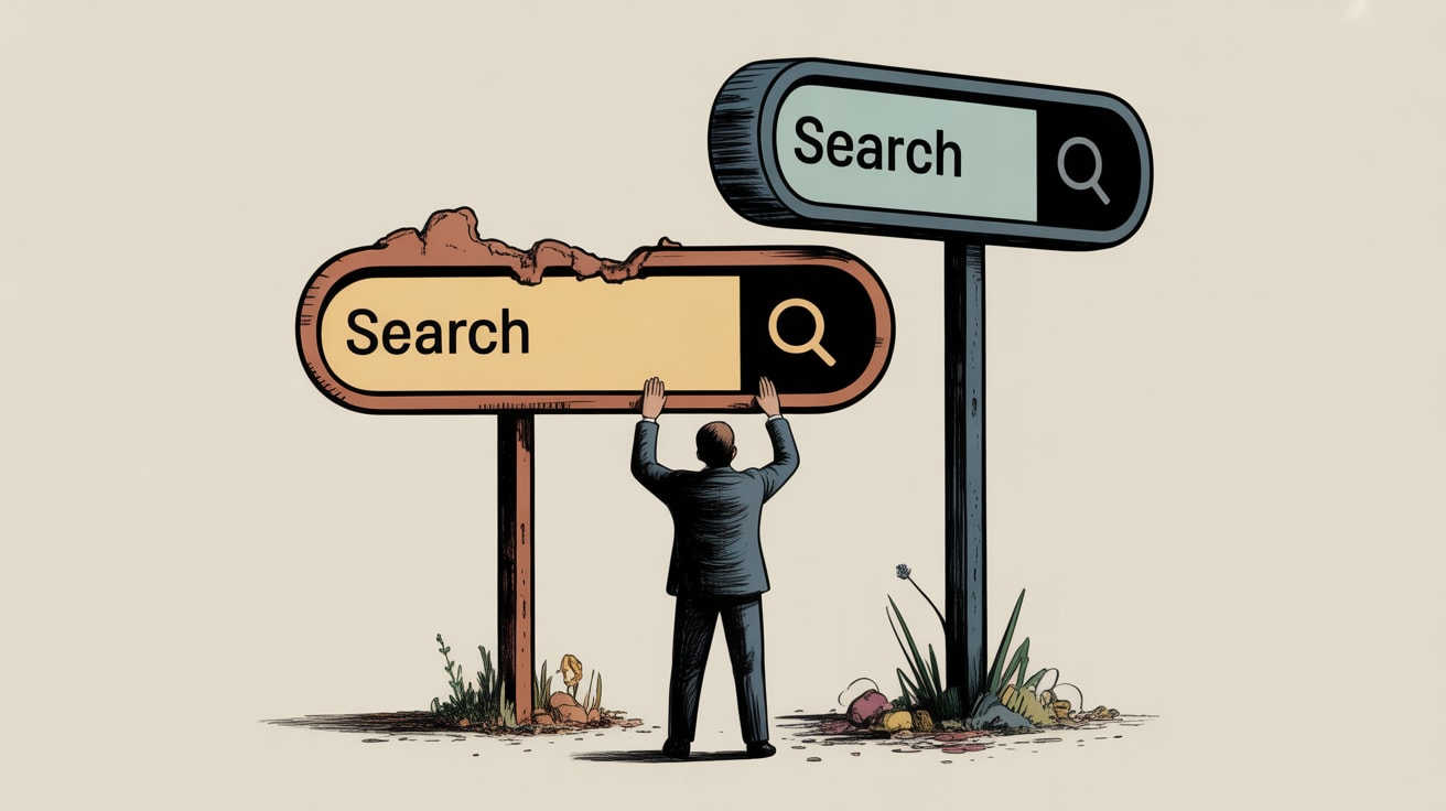 Editorial illustration of a marketer navigating a split path between traditional search signals and AI-powered generative engines