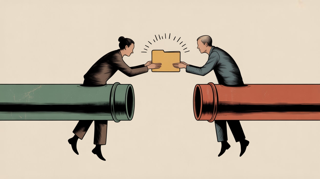 A data engineer and a marketer standing on opposite sides of a pipeline bridge, each holding one end of a customer profile