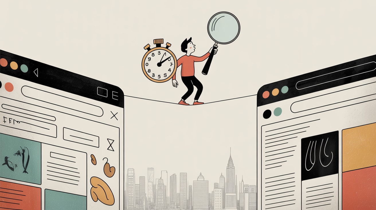 A web developer balancing speed and accessibility scales on a digital tightrope above a Southeast Asian cityscape