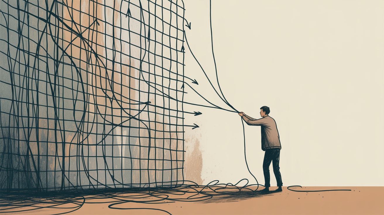 Editorial illustration of a researcher observing a complex interface through a magnifying glass, revealing hidden pathways inside