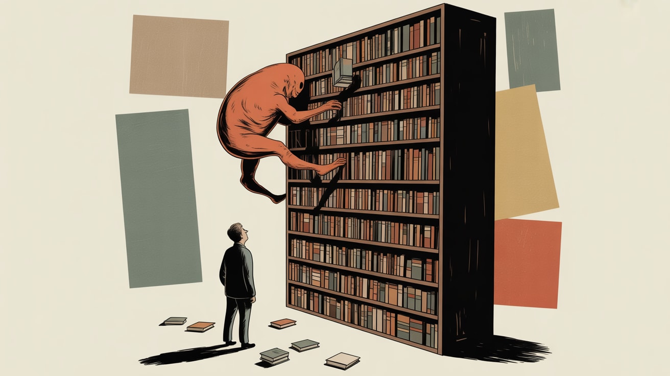Editorial illustration of a small figure looking up at a giant Reddit alien occupying the top shelf of a search results board
