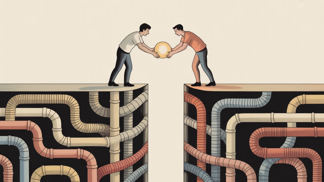 Editorial illustration of a figure constructing a bridge between data infrastructure and a human connection