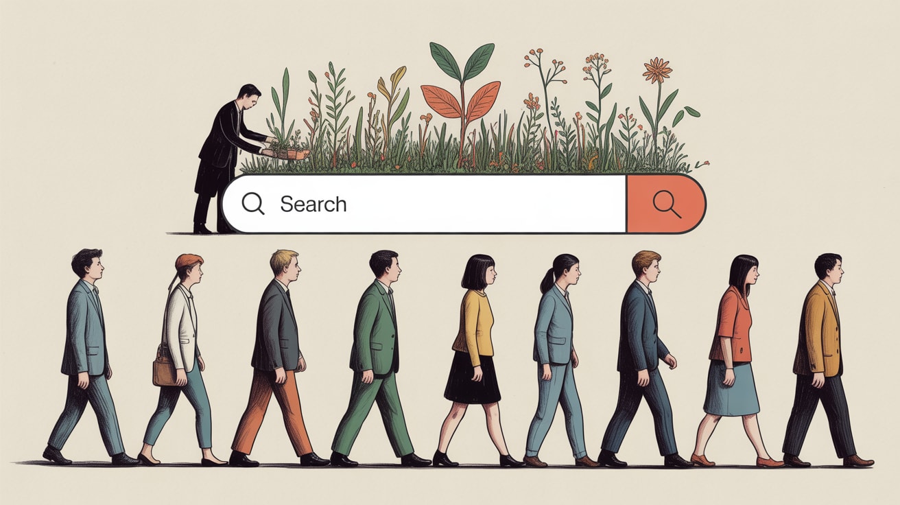 Editorial illustration of a figure building a loyalty ladder inside a search engine interface