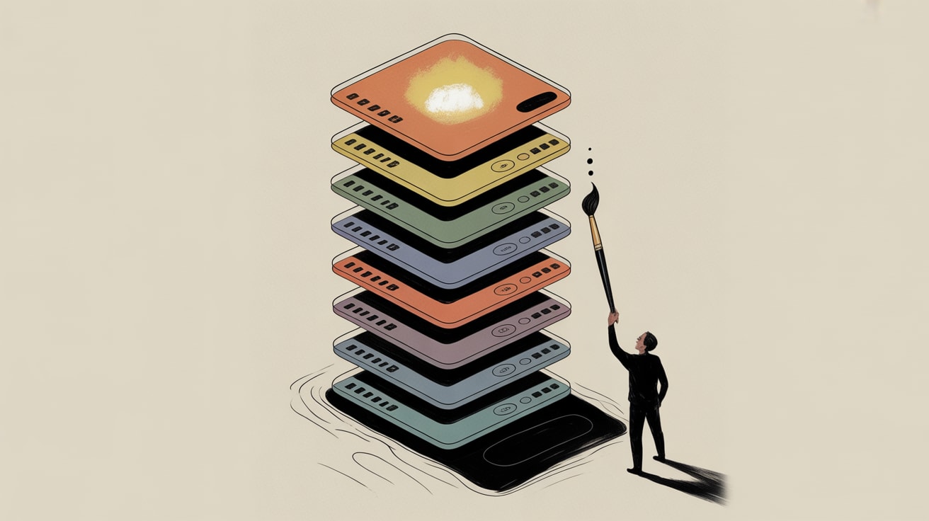 Editorial illustration of a web developer navigating intersecting layers of CSS animation, shader effects, and accessibility overlays