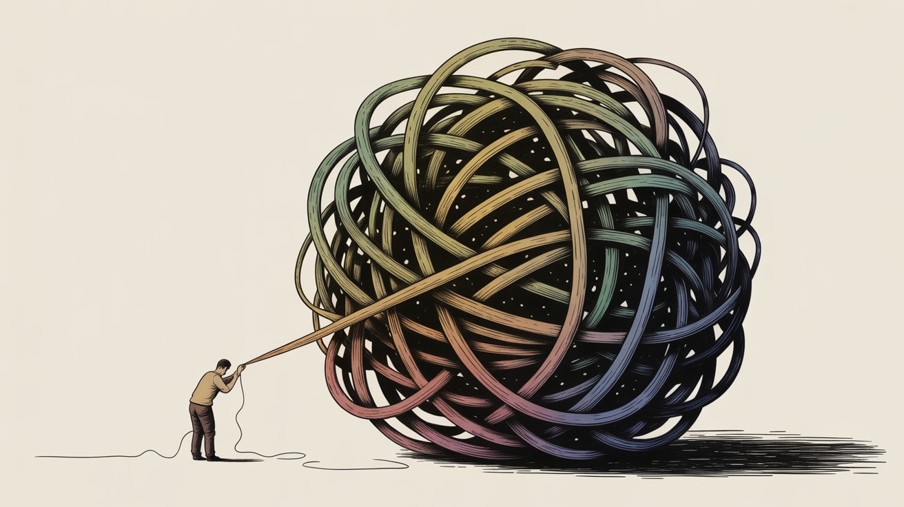 Editorial illustration of a researcher discovering hidden patterns inside a complex interface structure