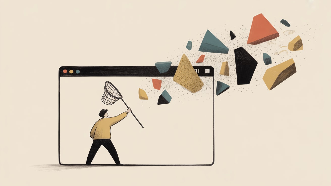 A developer watching streams of browser signals flow past while holding a tiny fishing net