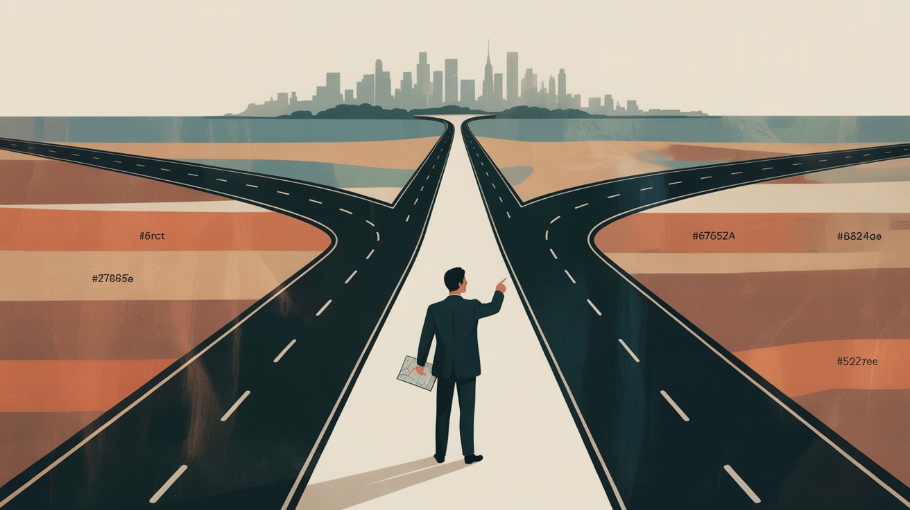 Editorial illustration of a strategist connecting three separate signal towers into one coherent network
