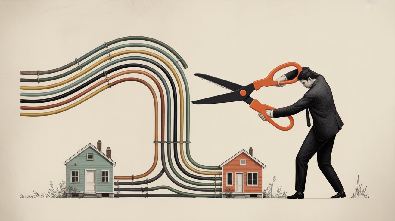 Abstract editorial illustration of a programmatic ad supply chain being pruned down to a single direct path
