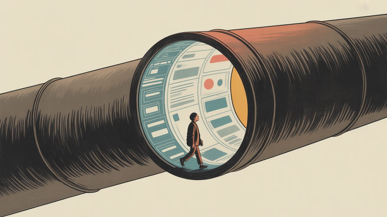 An editorial illustration of a figure navigating a winding pipeline that transforms into a user interface along its path