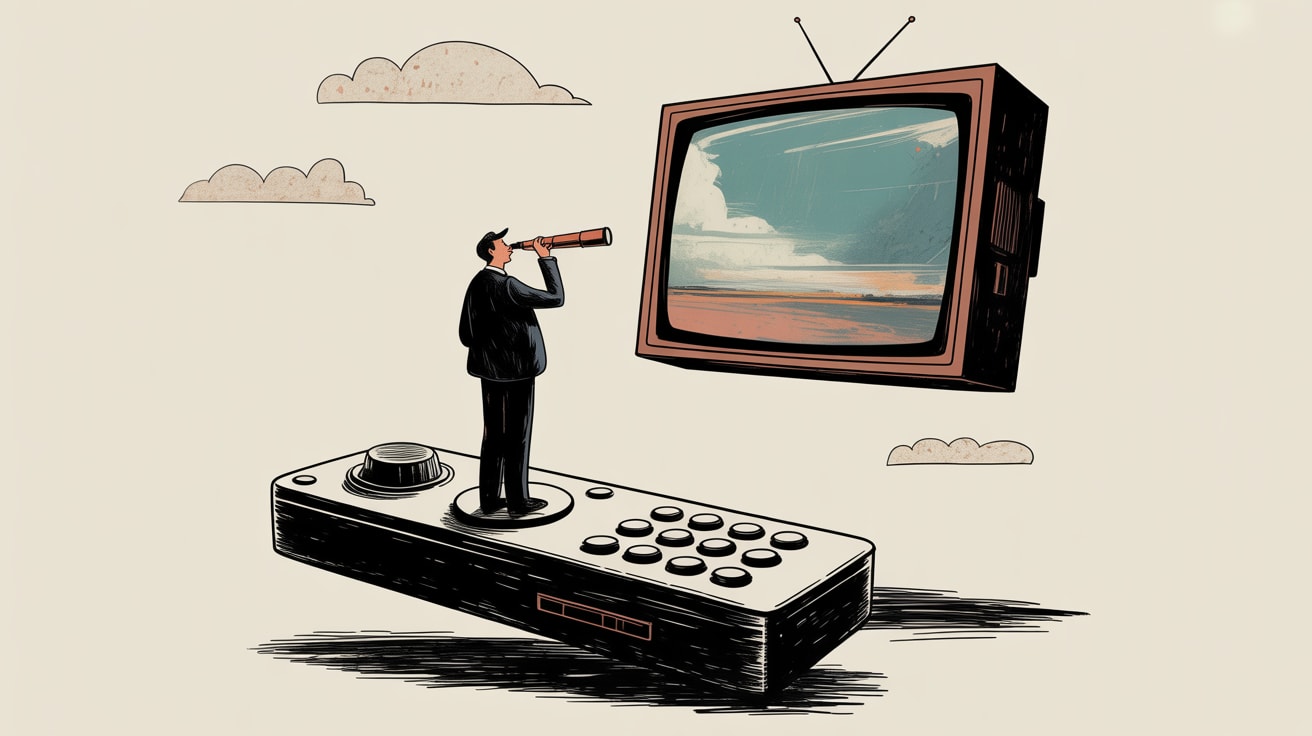 Editorial illustration of a marketer watching signals emerge from a television screen while a search engine crawls beneath the floor