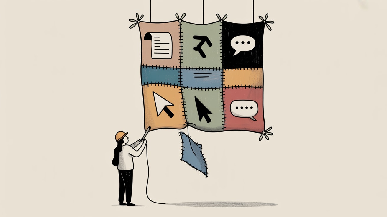 Editorial illustration of a data architect stitching together fragments of customer behaviour into a unified profile