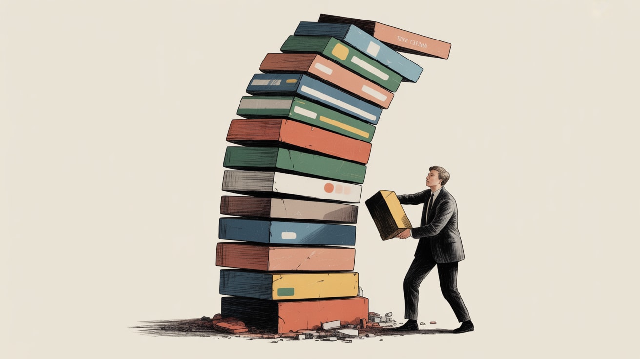 Editorial illustration of a crumbling advertising tower being rebuilt with new technology blocks