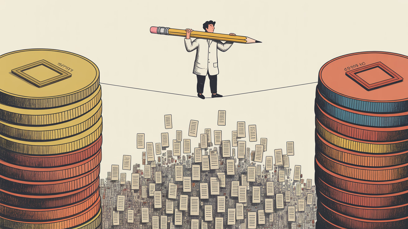 Editorial illustration of a designer balancing on a tightrope strung between two giant AI token coins
