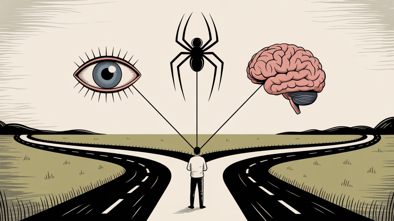 Editorial illustration of a content strategist navigating three overlapping signal towers representing users, search engines, and AI