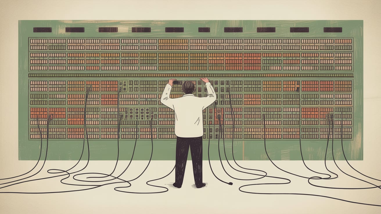 Editorial illustration of a data architect stitching together fragmented customer data streams into a single unified profile