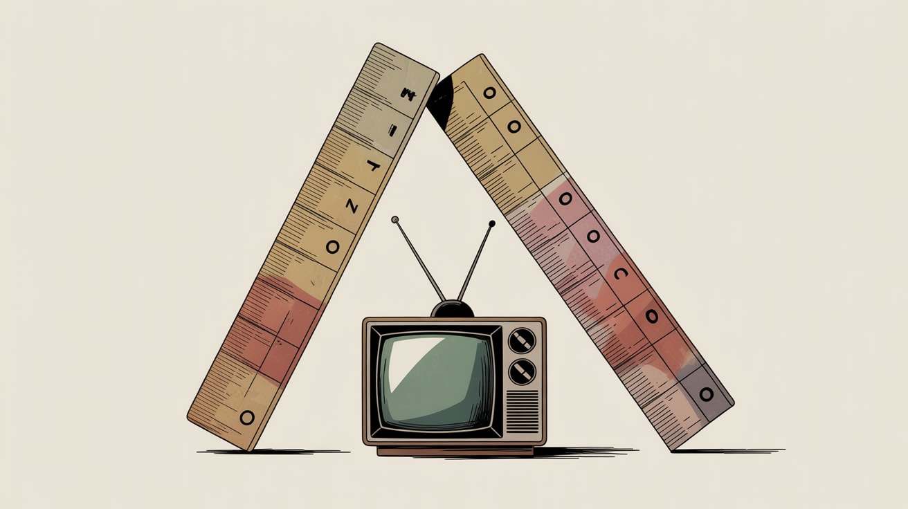 Editorial illustration of competing measurement rulers melting and reforming around a television screen