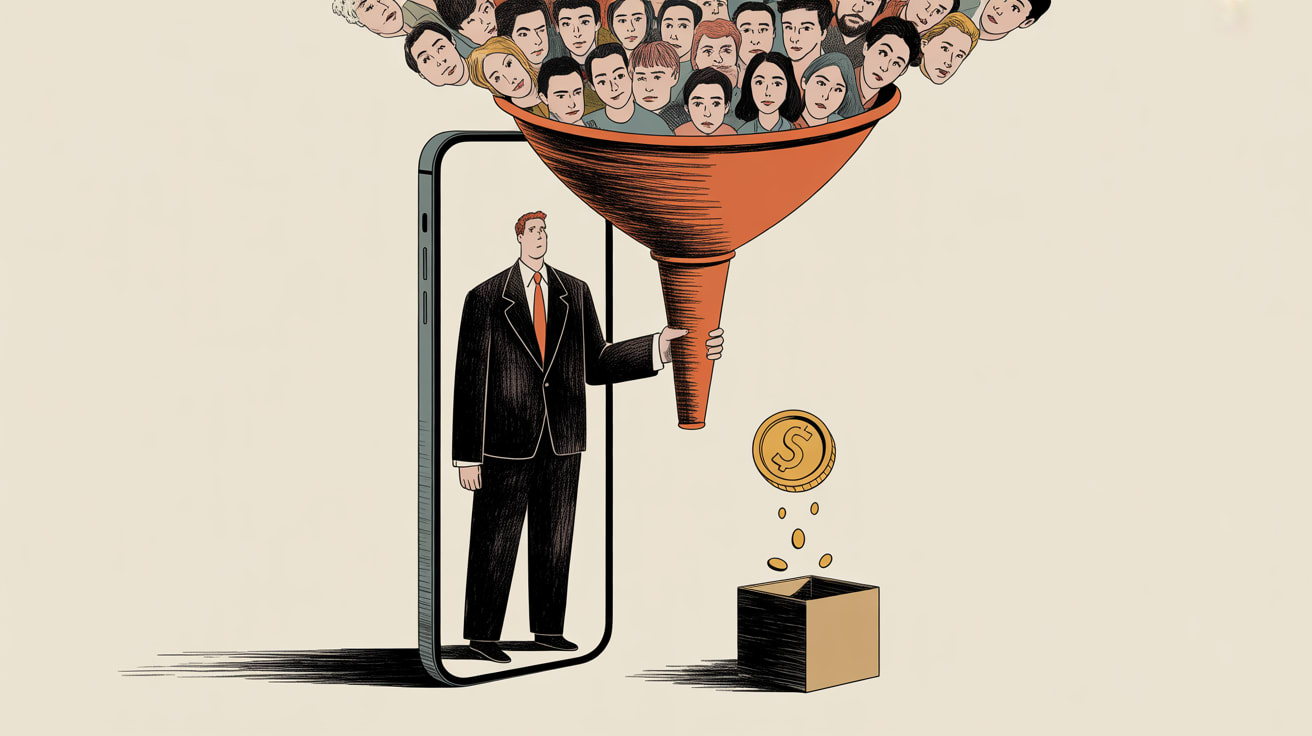 Editorial illustration of a marketer fishing for leads through a TikTok screen while vanity metrics float away as bubbles