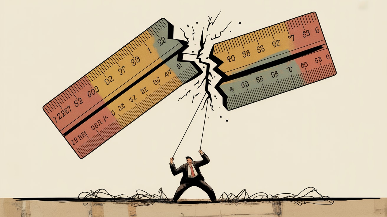 Editorial illustration of two cracked measuring rulers colliding mid-air above a fractured digital landscape