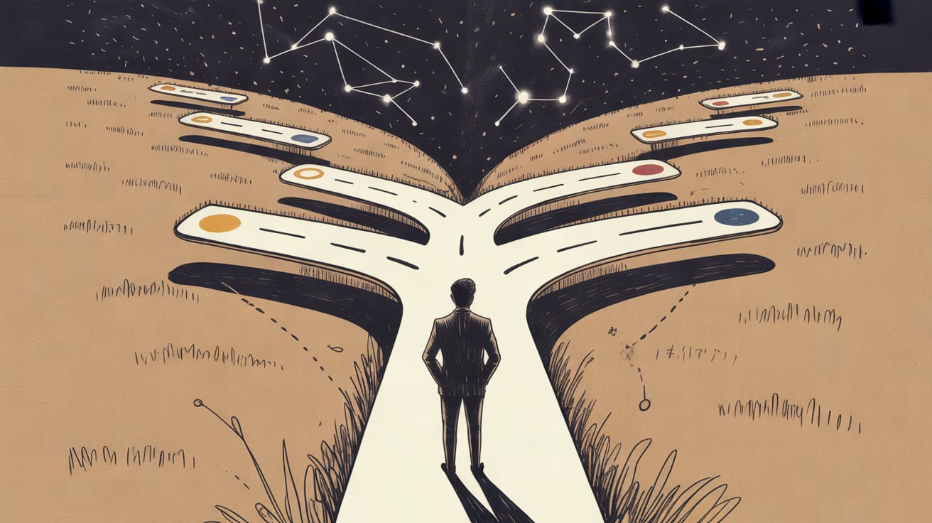 Editorial illustration of a figure navigating a shifting star map representing AI-driven search visibility