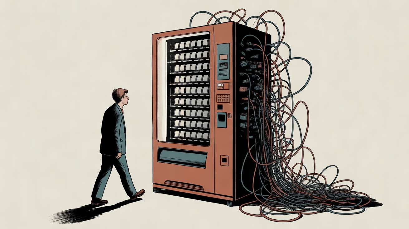 Editorial illustration of a marketing executive stepping away from a complex, tangled retail media technology dashboard