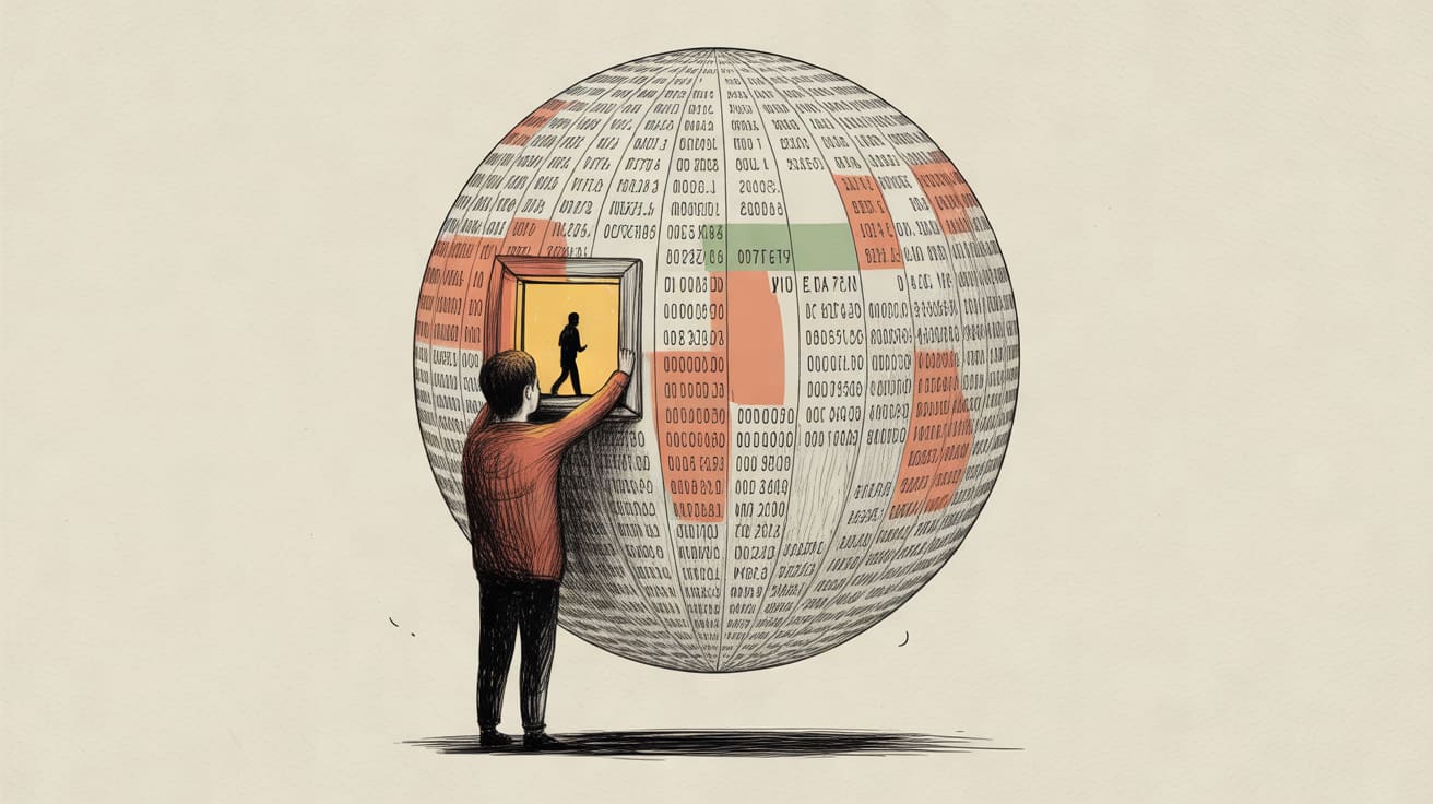 A figure surrounded by rotating data dashboards, reaching for a single blinking signal in the centre