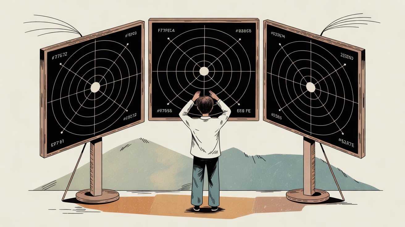 Editorial illustration of a brand team navigating overlapping digital signals across multiple markets